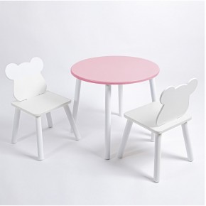 Комплект детский стол КРУГЛЫЙ и два стула МИШКА ROLTI Baby (розовая столешница/белое сиденье/белые ножки) в Нягани - nyagan.ok-mebel.com | фото 1